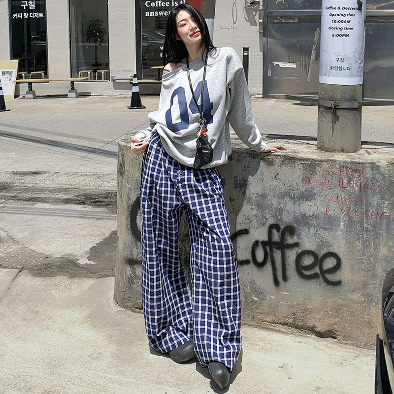 韓国ファッション ゆったりチェックワイドパンツ