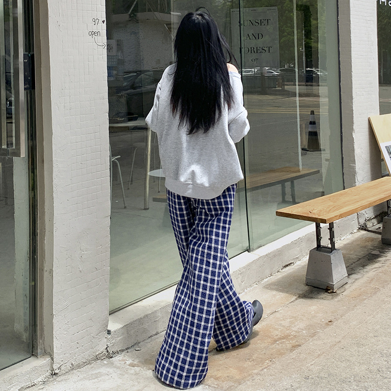 韓国ファッション ゆったりチェックワイドパンツ