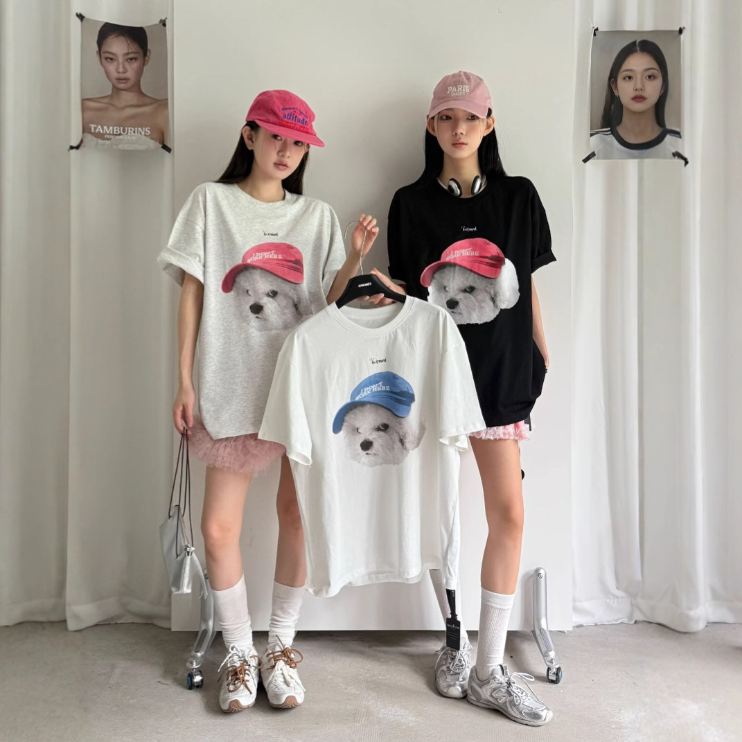 韓国ファッション キャップ犬プリント半袖Tシャツ