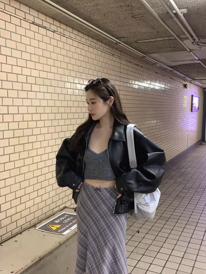 韓国ファッション 格子柄フレアミディスカート