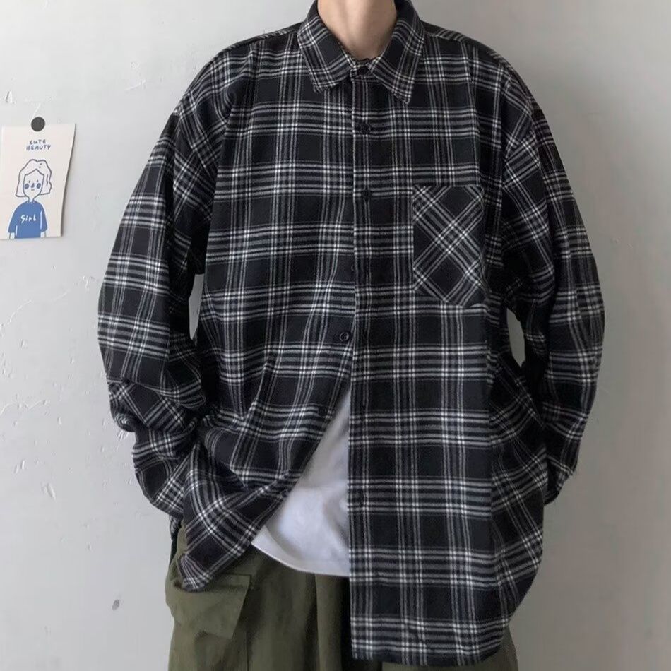 韓国ファッション ゆったりチェック柄長袖シャツ