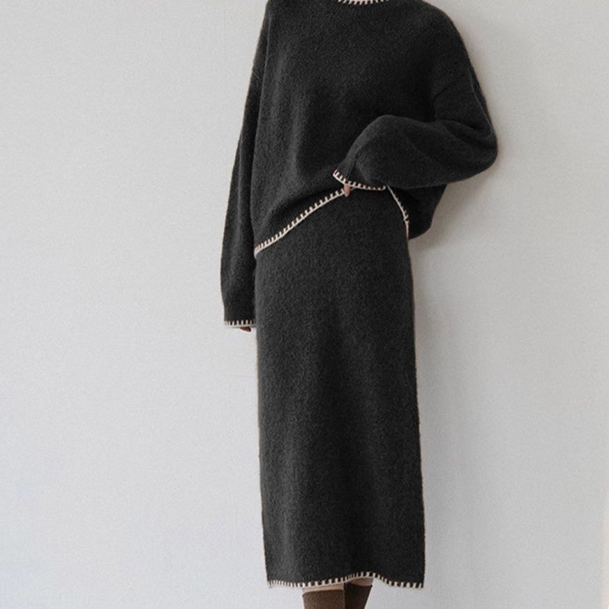 韓国ファッション 配色ステッチ編みニットセットアップ上下セット レディース