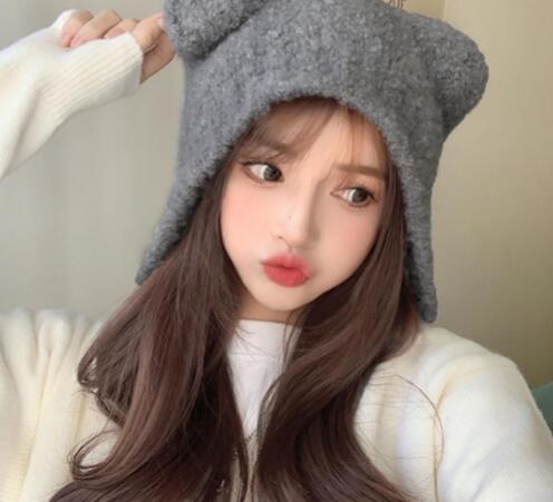 韓国ファッション くま耳ニット帽子 レディース 冬 かわいい