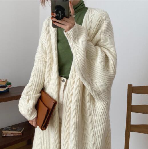 韓国ファッション 秋冬ケーブル編みロング丈ニットカーディガン