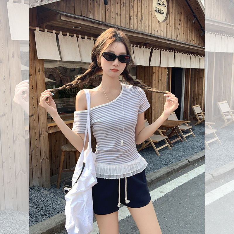韓国ファッション ワンショルダーフリル裾ボーダーカットソー