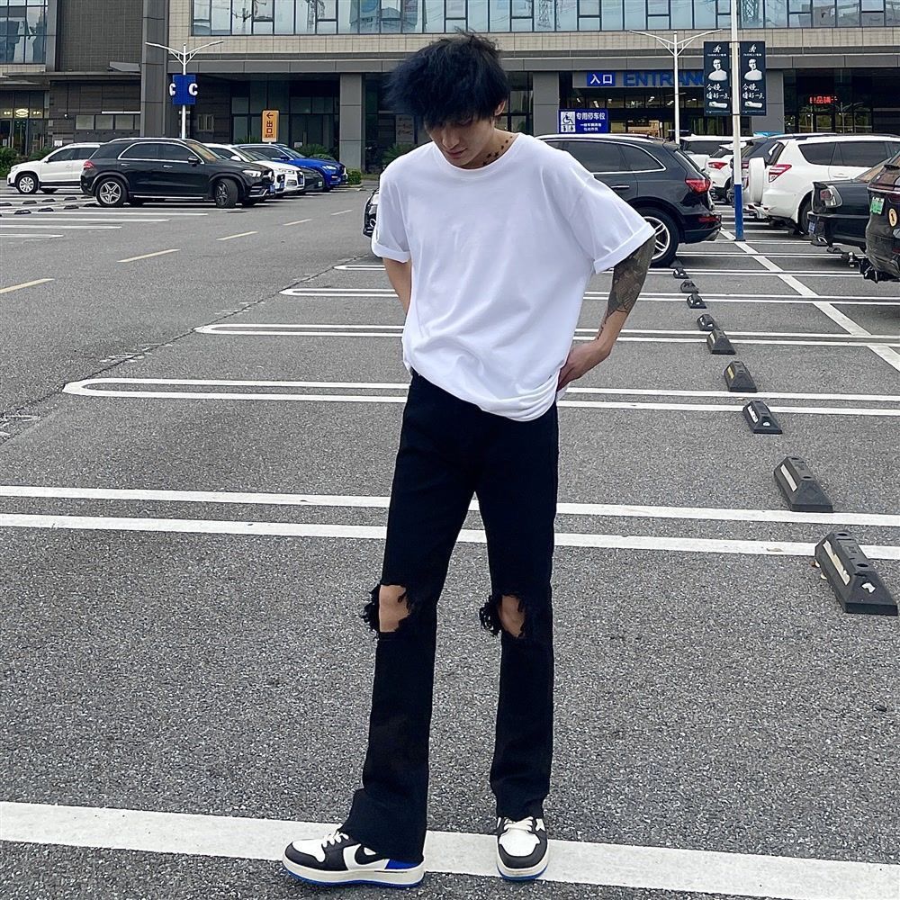 韓国ファッション ダメージニーストレートデニム