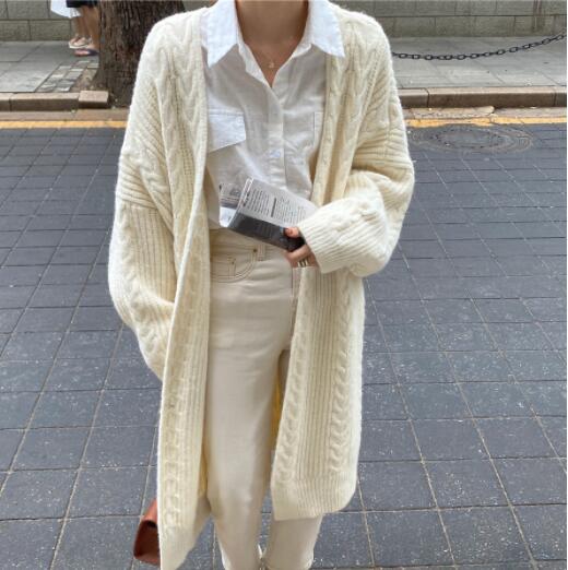韓国ファッション 秋冬ケーブル編みロング丈ニットカーディガン