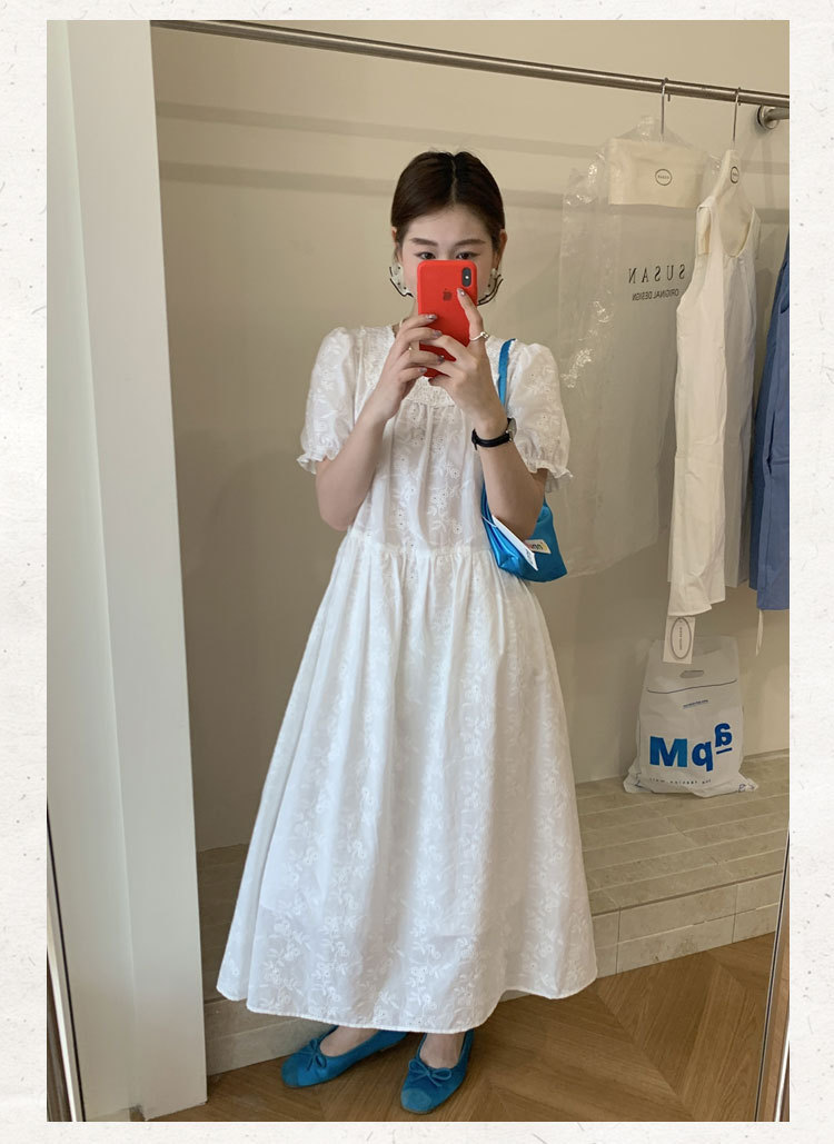 韓国ファッション 花刺繍スクエアネックミディワンピース