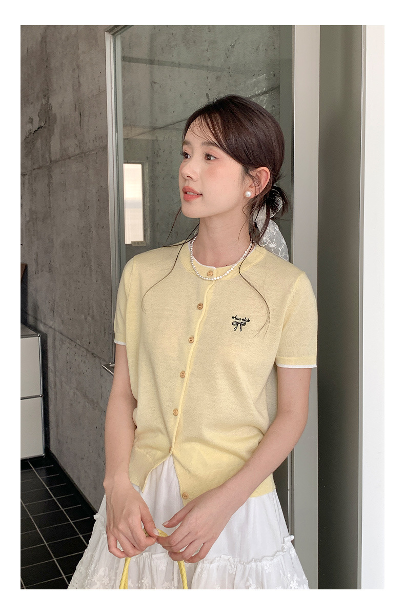 韓国ファッション リボン刺繍入り半袖ニットカーディガン
