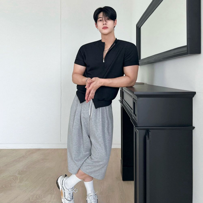 韓国ファッション スタンドカラー半袖シャツ