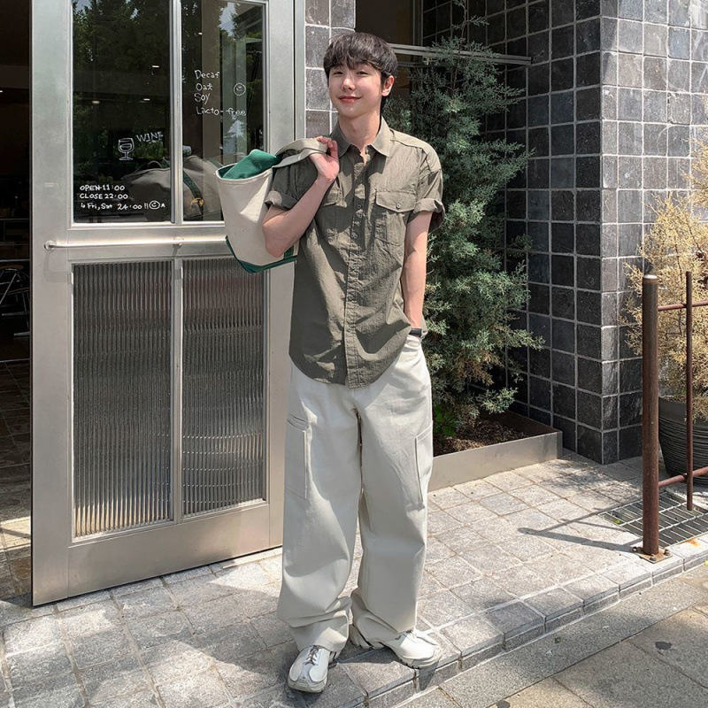 韓国ファッション ミリタリーポケット半袖シャツ