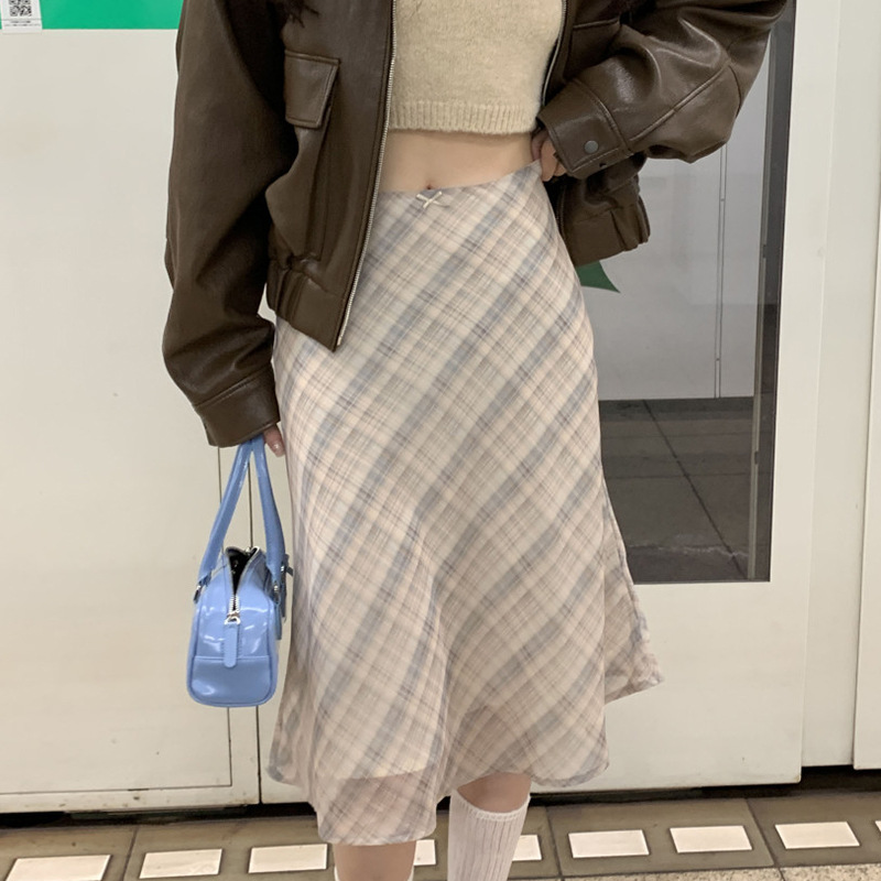 韓国ファッション 格子柄フレアミディスカート