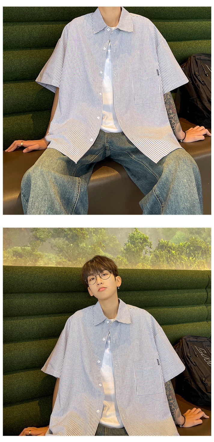韓国ファッション ゆったりストライプ半袖シャツ