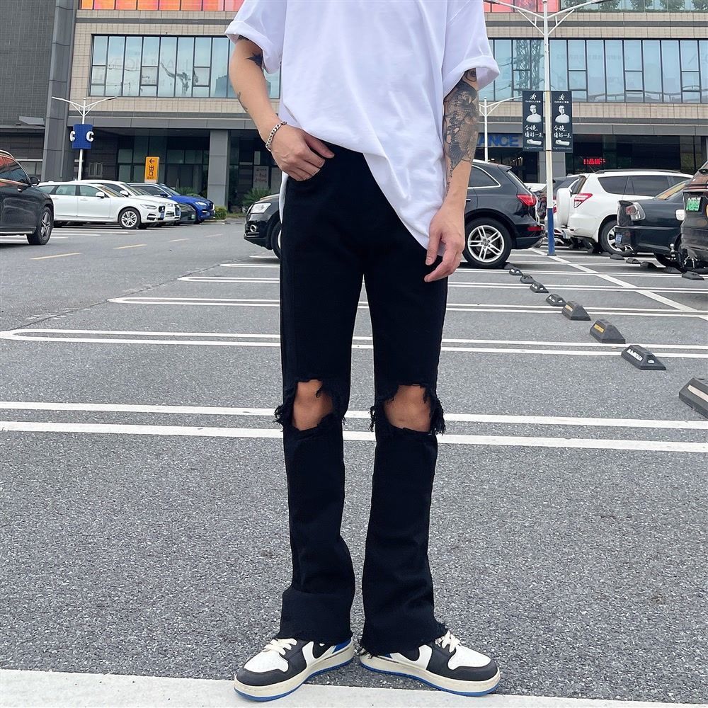韓国ファッション ダメージニーストレートデニム