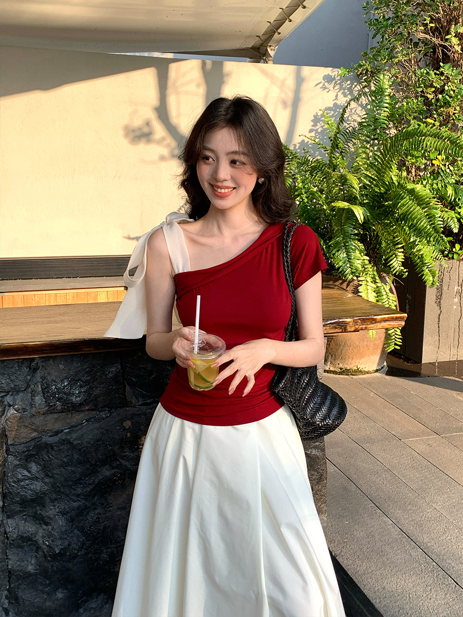 韓国ファッション アシンメトリーリボンブラウス
