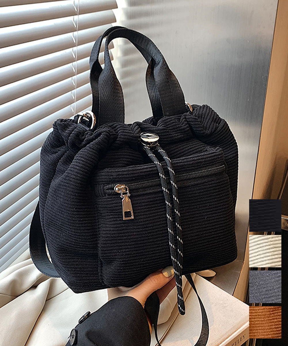 韓国ファッション コーデュロイ巾着ショルダーバッグ小さめ軽量