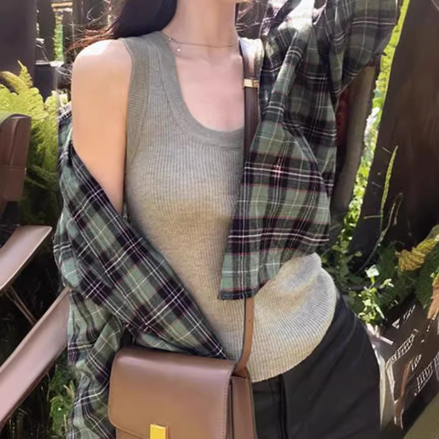 韓国ファッション 格子柄オーバーサイズシャツ