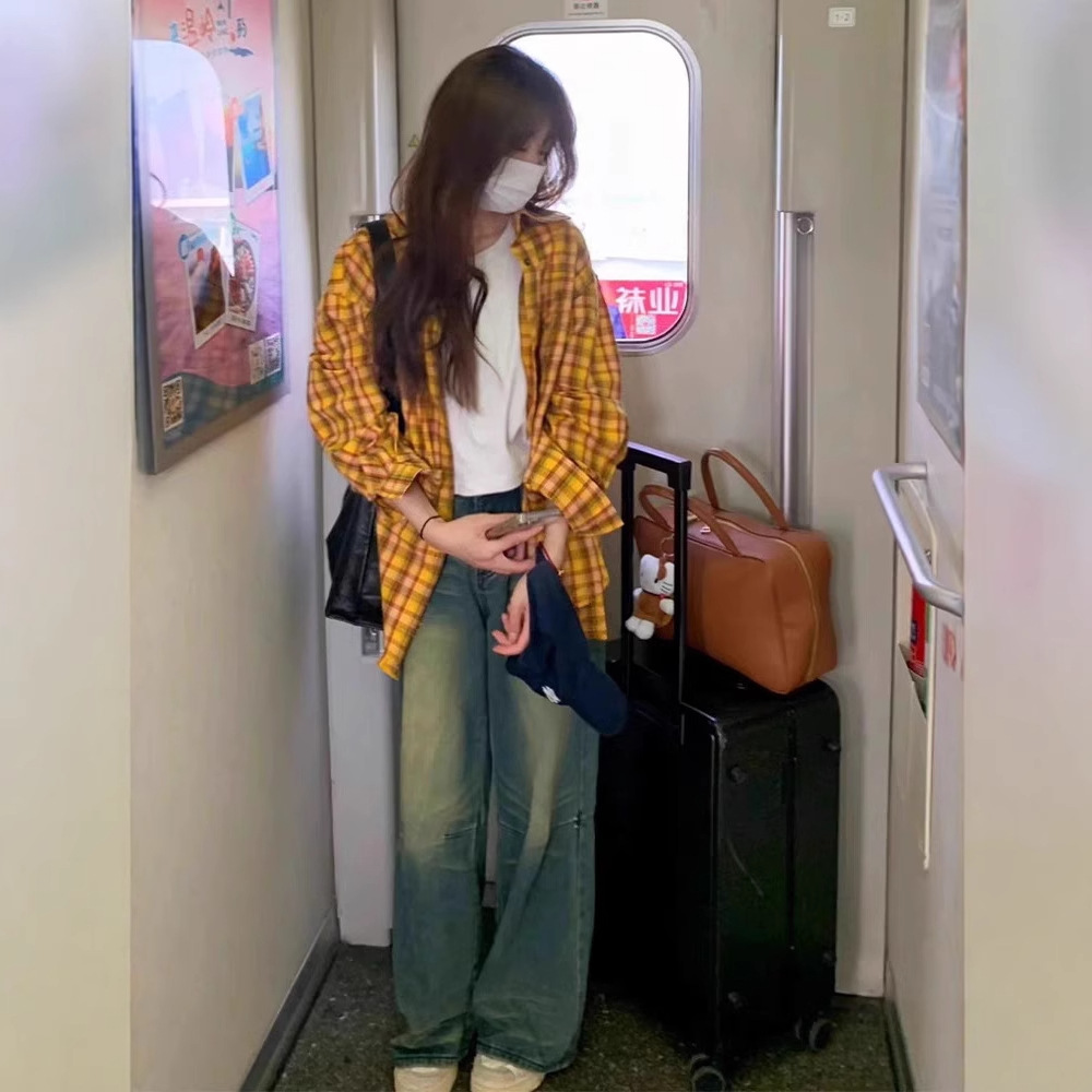 韓国ファッション オーバーサイズチェックシャツ