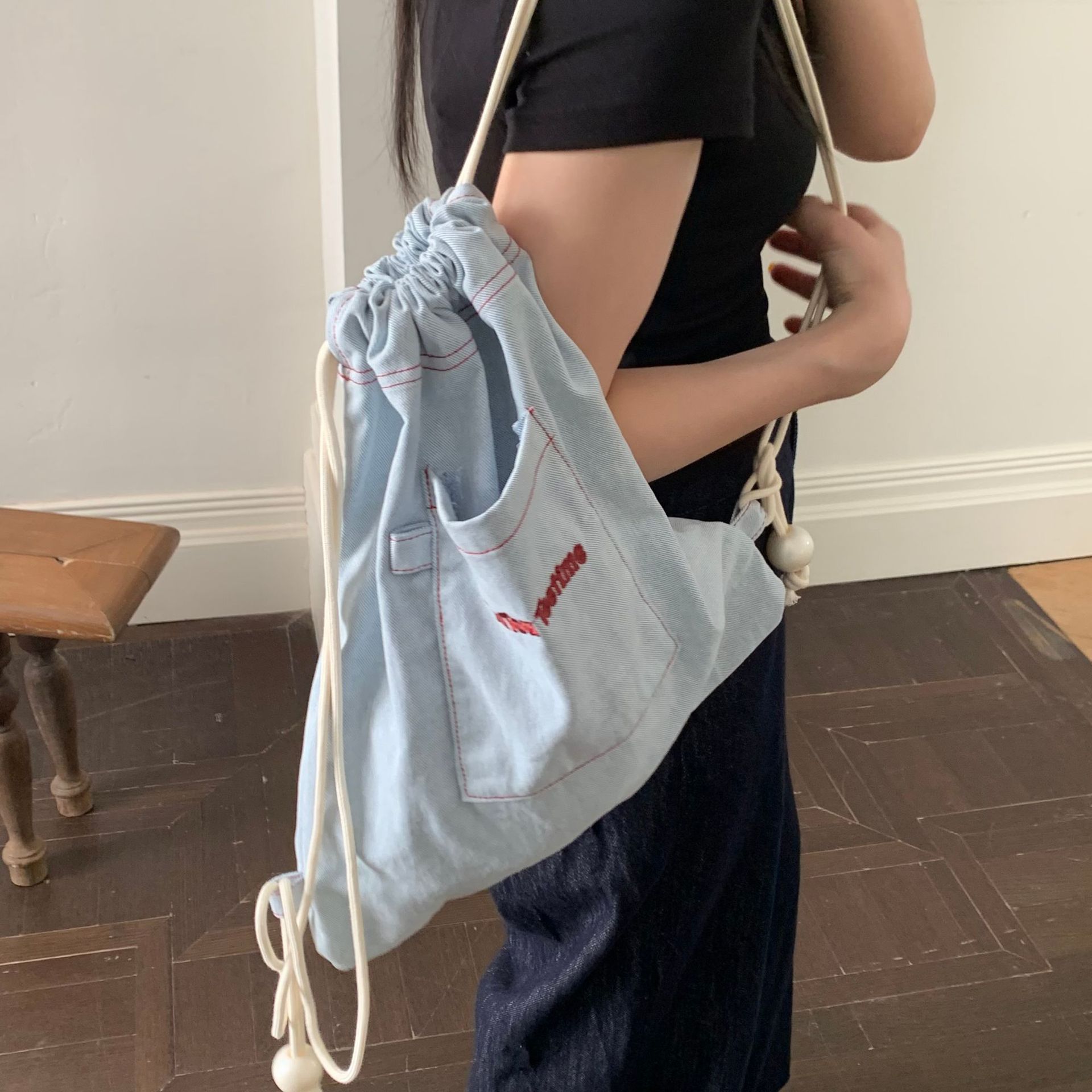 韓国ファッション シンプル刺繍入りナップサック