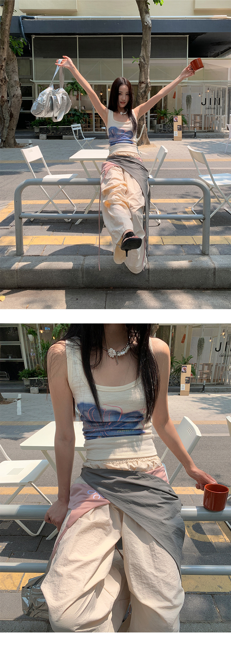 韓国ファッション 花柄アートタンクトップ