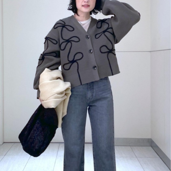 韓国ファッション 韓国風リボン刺繍ニットカーディガン