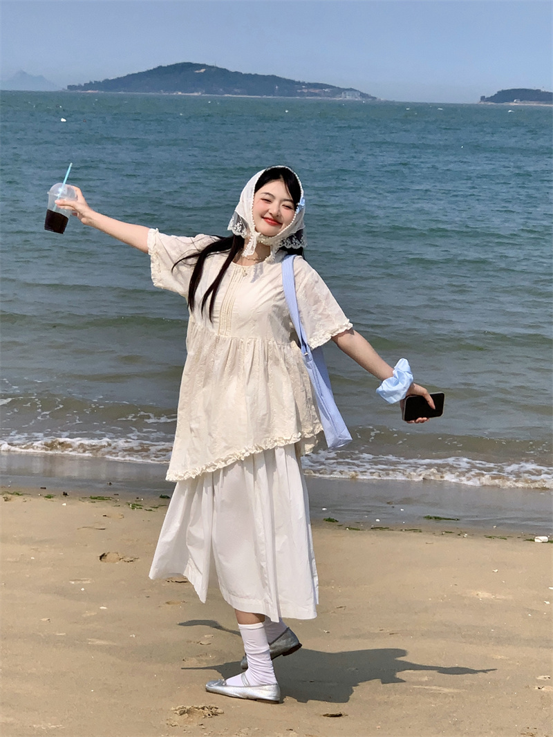 韓国ファッション 韓国風刺繍レースワンピース甘辛ミックス