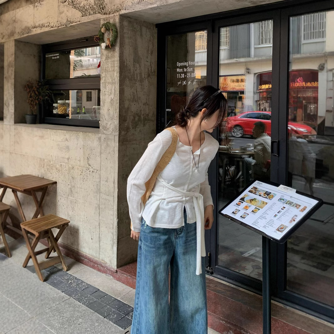 韓国ファッション リネン風ウエストリボンブラウス