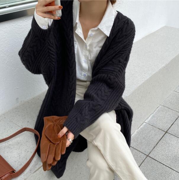 韓国ファッション 秋冬ケーブル編みロング丈ニットカーディガン