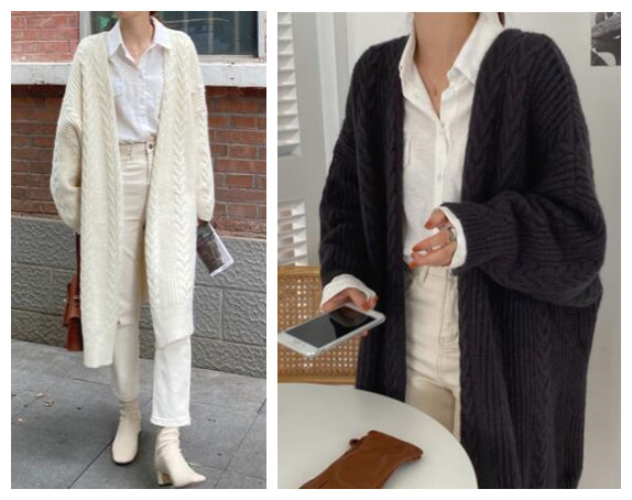韓国ファッション 秋冬ケーブル編みロング丈ニットカーディガン