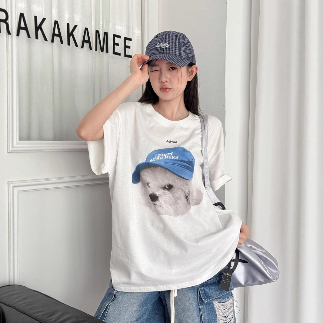 韓国ファッション キャップ犬プリント半袖Tシャツ