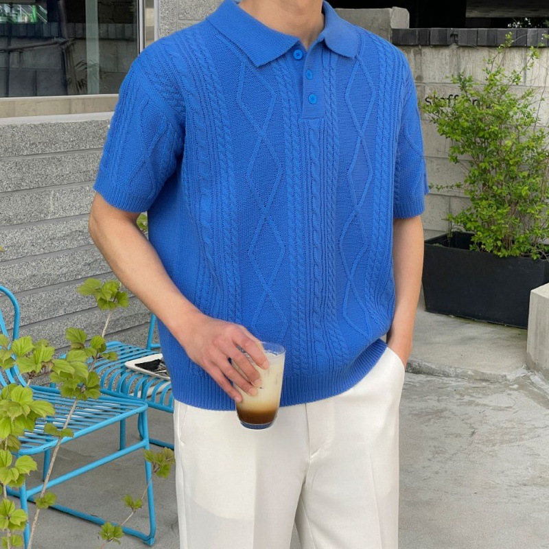 韓国ファッション ケーブル編み襟付き半袖ニット