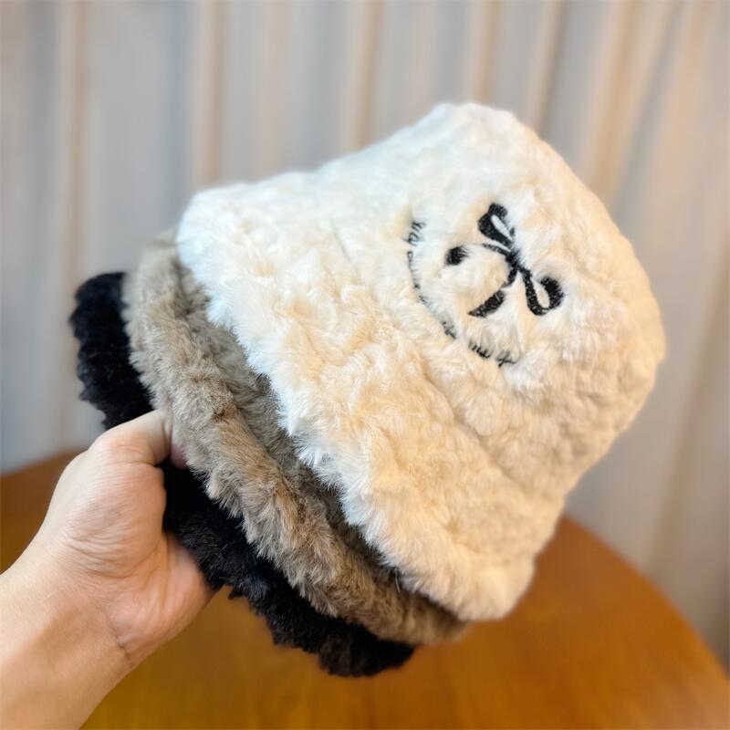 韓国ファッション 秋冬新作 ふわふわ漁師帽 リボン刺繍 韓国風防寒帽子