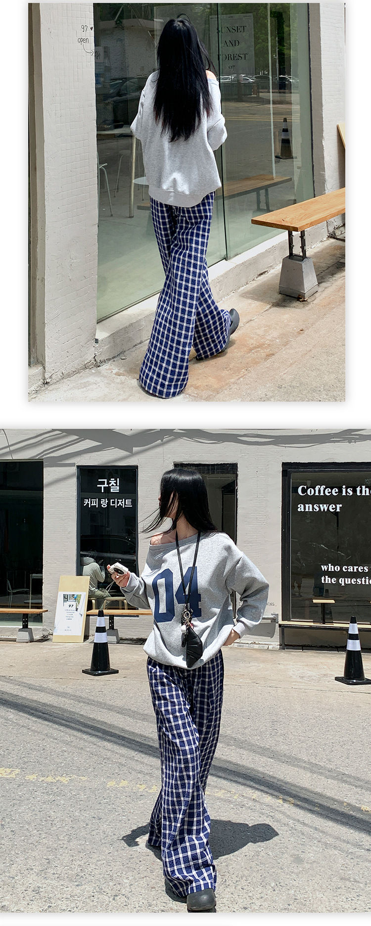 韓国ファッション ゆったりチェックワイドパンツ