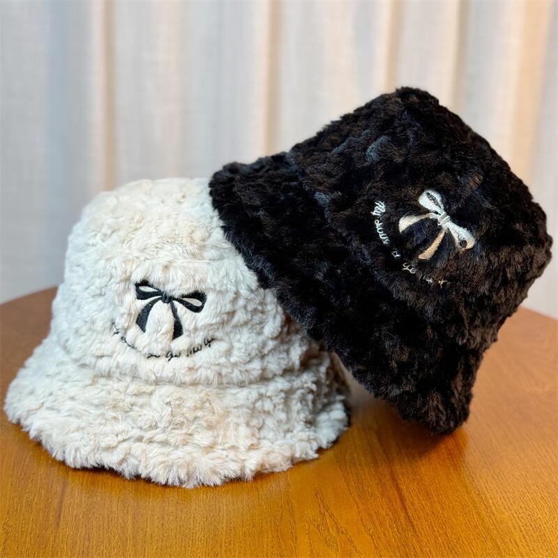 韓国ファッション 秋冬新作 ふわふわ漁師帽 リボン刺繍 韓国風防寒帽子