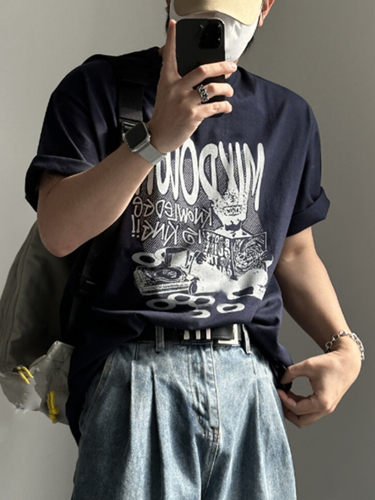 韓国ファッション 音楽王冠グラフィック半袖シャツ