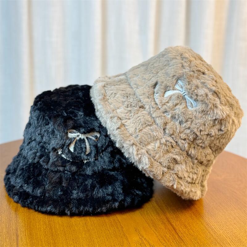 韓国ファッション 秋冬新作 ふわふわ漁師帽 リボン刺繍 韓国風防寒帽子