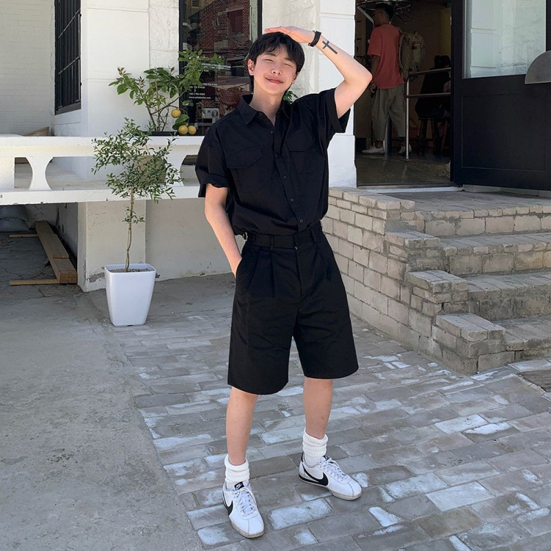 韓国ファッション ミリタリーポケット半袖シャツ