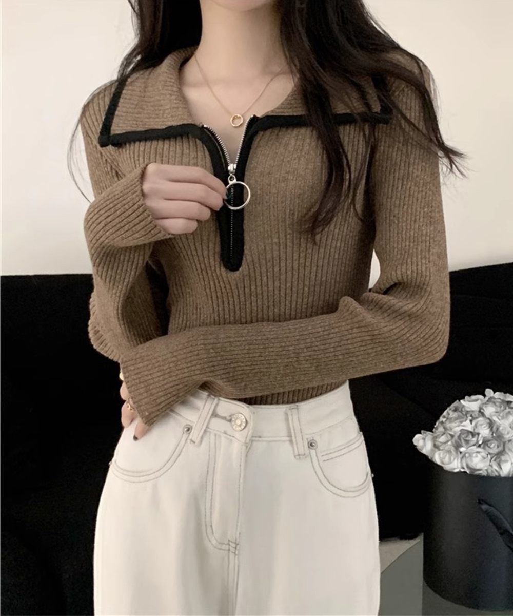 韓国ファッション リング付きジップニット リブ編み 長袖トップス