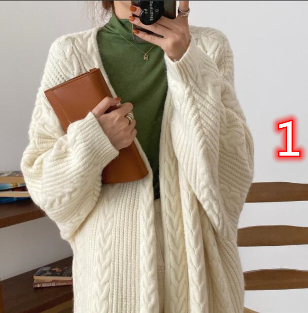 韓国ファッション 秋冬ケーブル編みロング丈ニットカーディガン