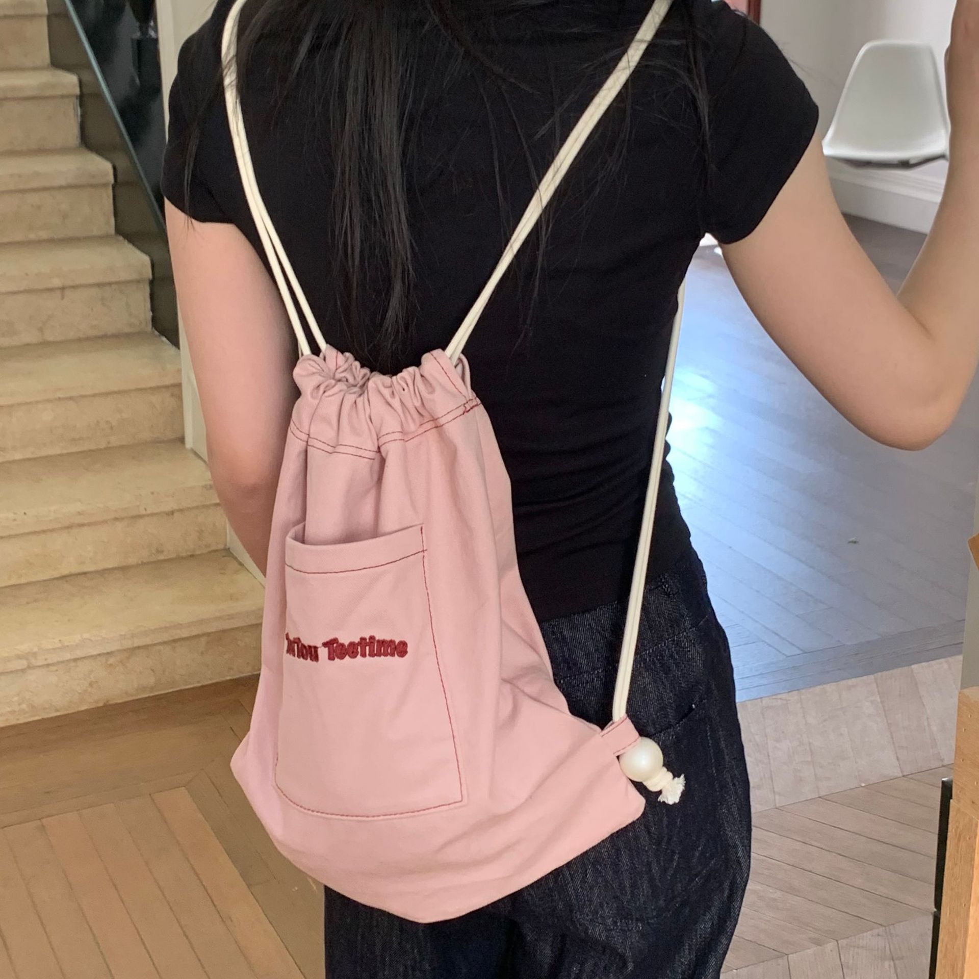 韓国ファッション シンプル刺繍入りナップサック