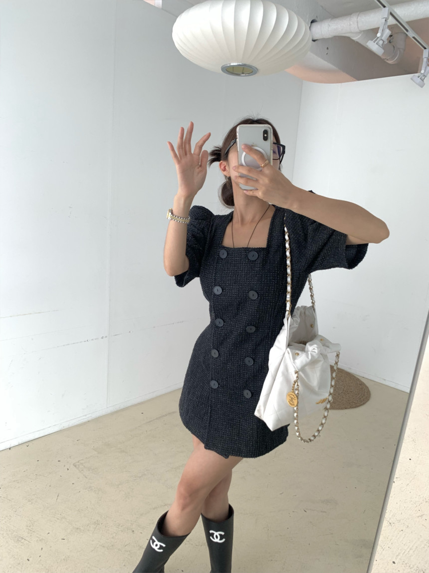 韓国ファッション 韓国風ツイード素材スクエアネックワンピース
