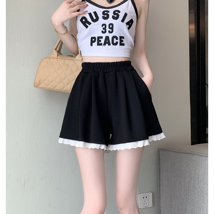 韓国ファッション レース縁取りフレアショートパンツ