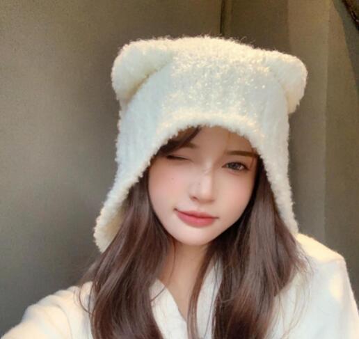 韓国ファッション くま耳ニット帽子 レディース 冬 かわいい