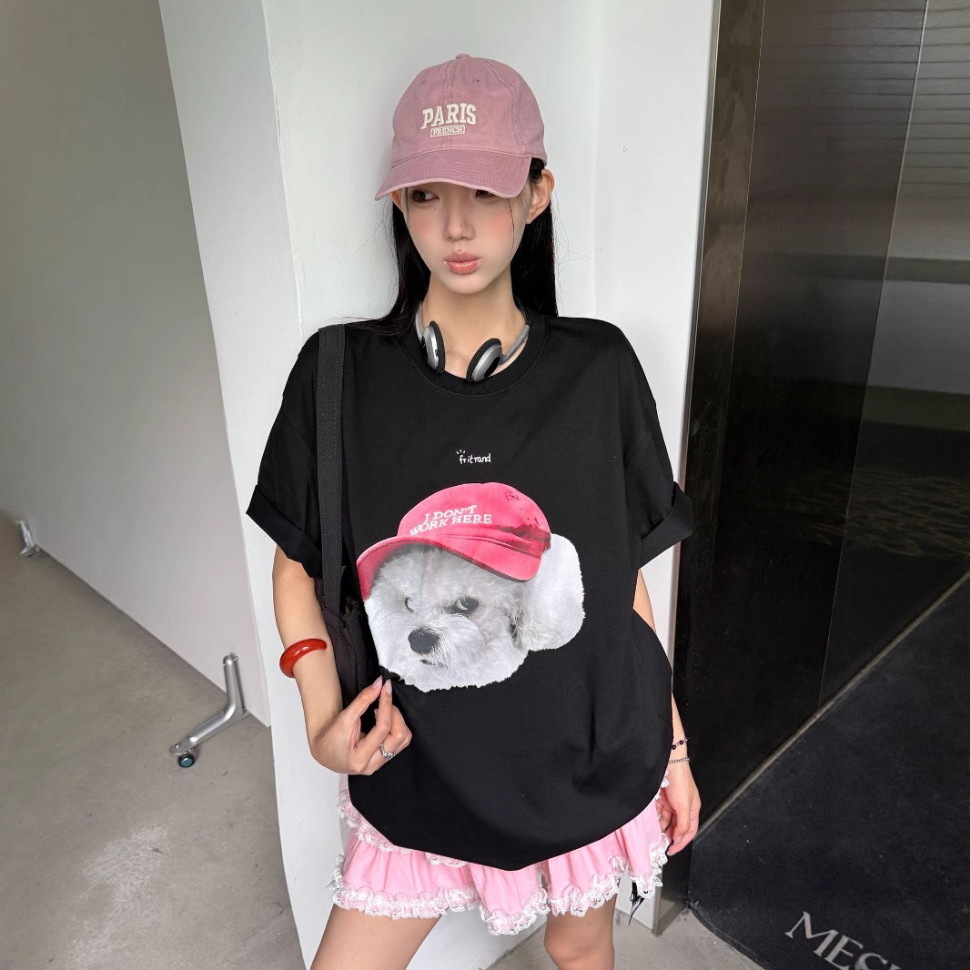 韓国ファッション キャップ犬プリント半袖Tシャツ