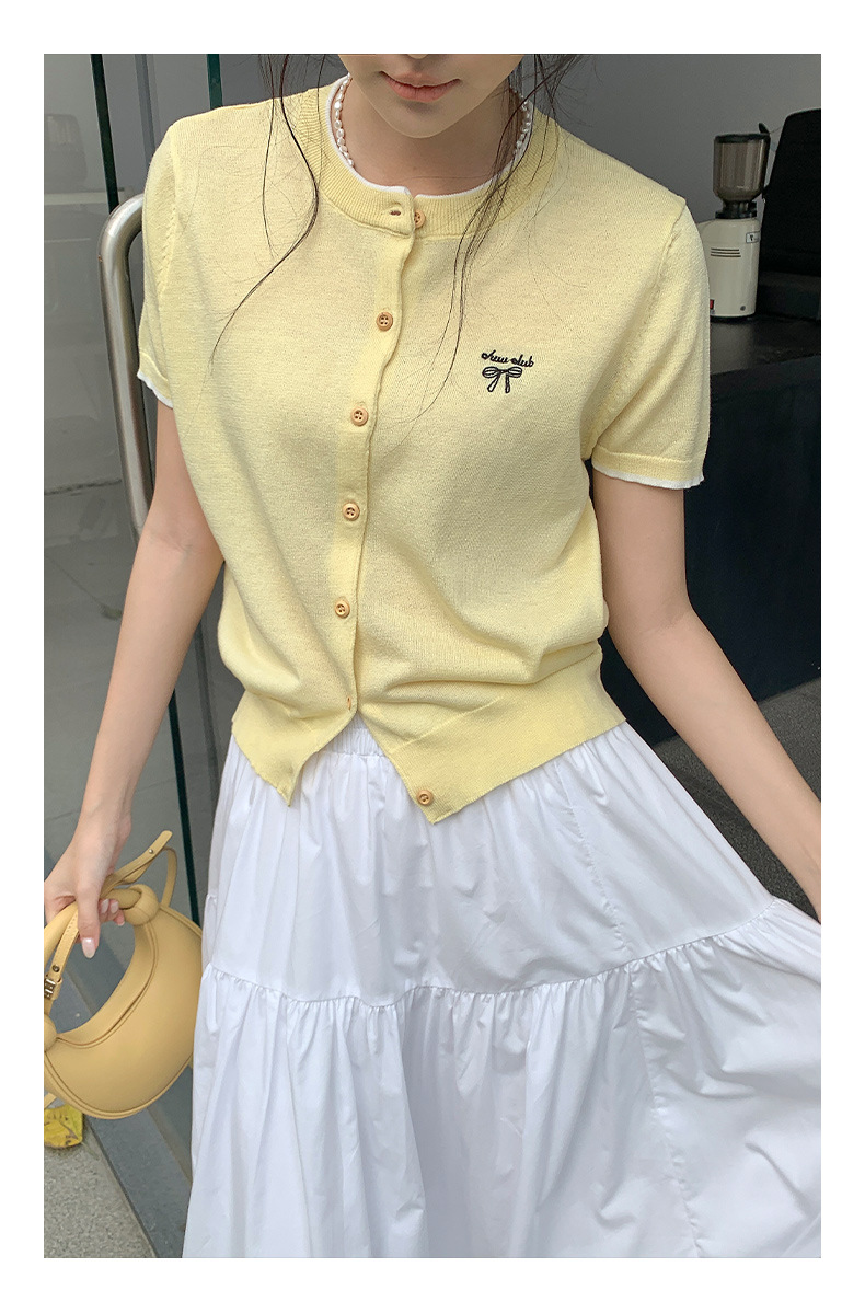 韓国ファッション リボン刺繍入り半袖ニットカーディガン