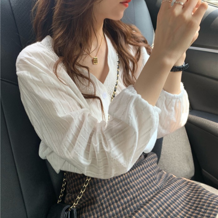 韓国ファッション 優雅ストライプ柄刺繍ブラウス