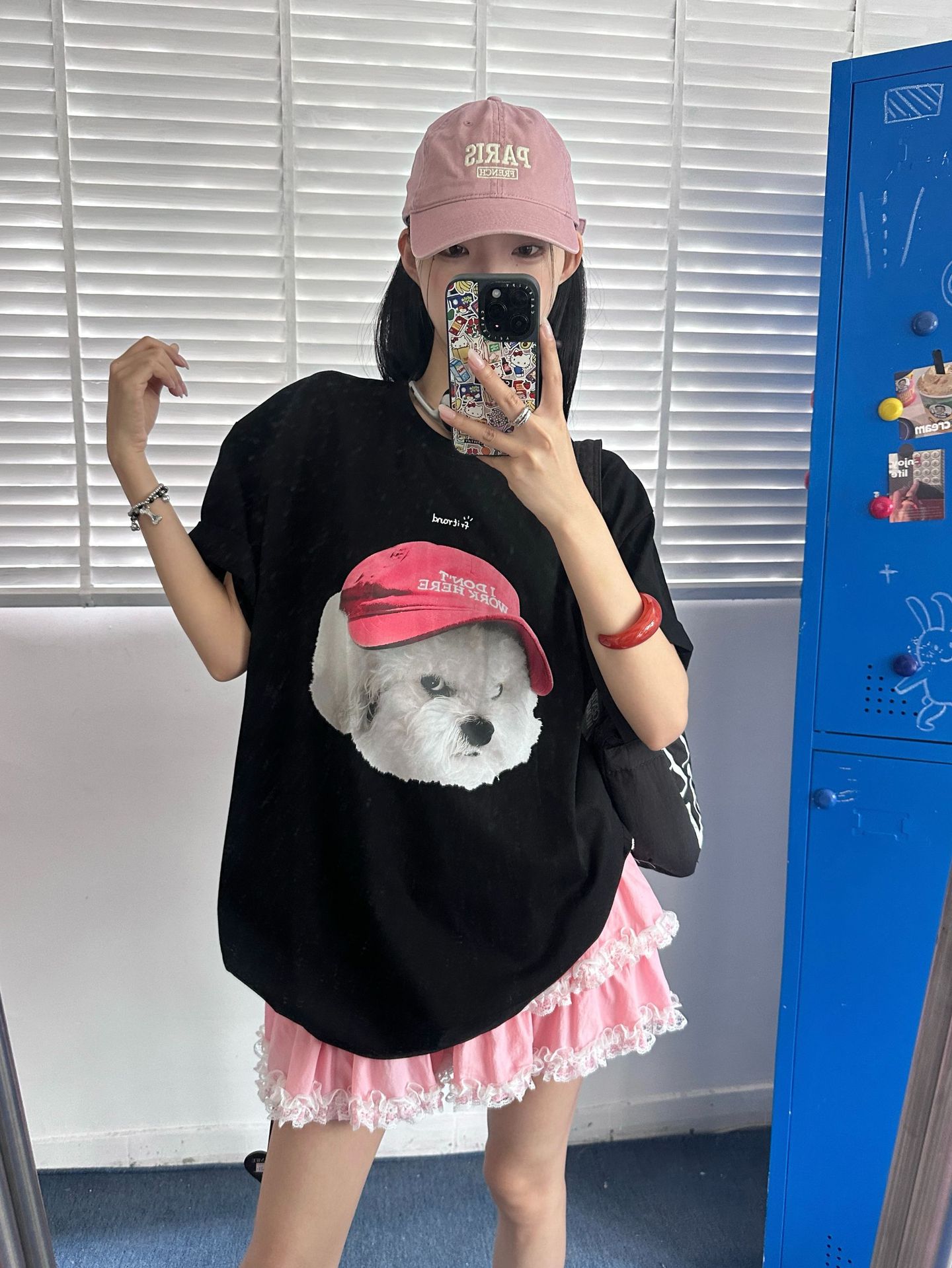 韓国ファッション キャップ犬プリント半袖Tシャツ