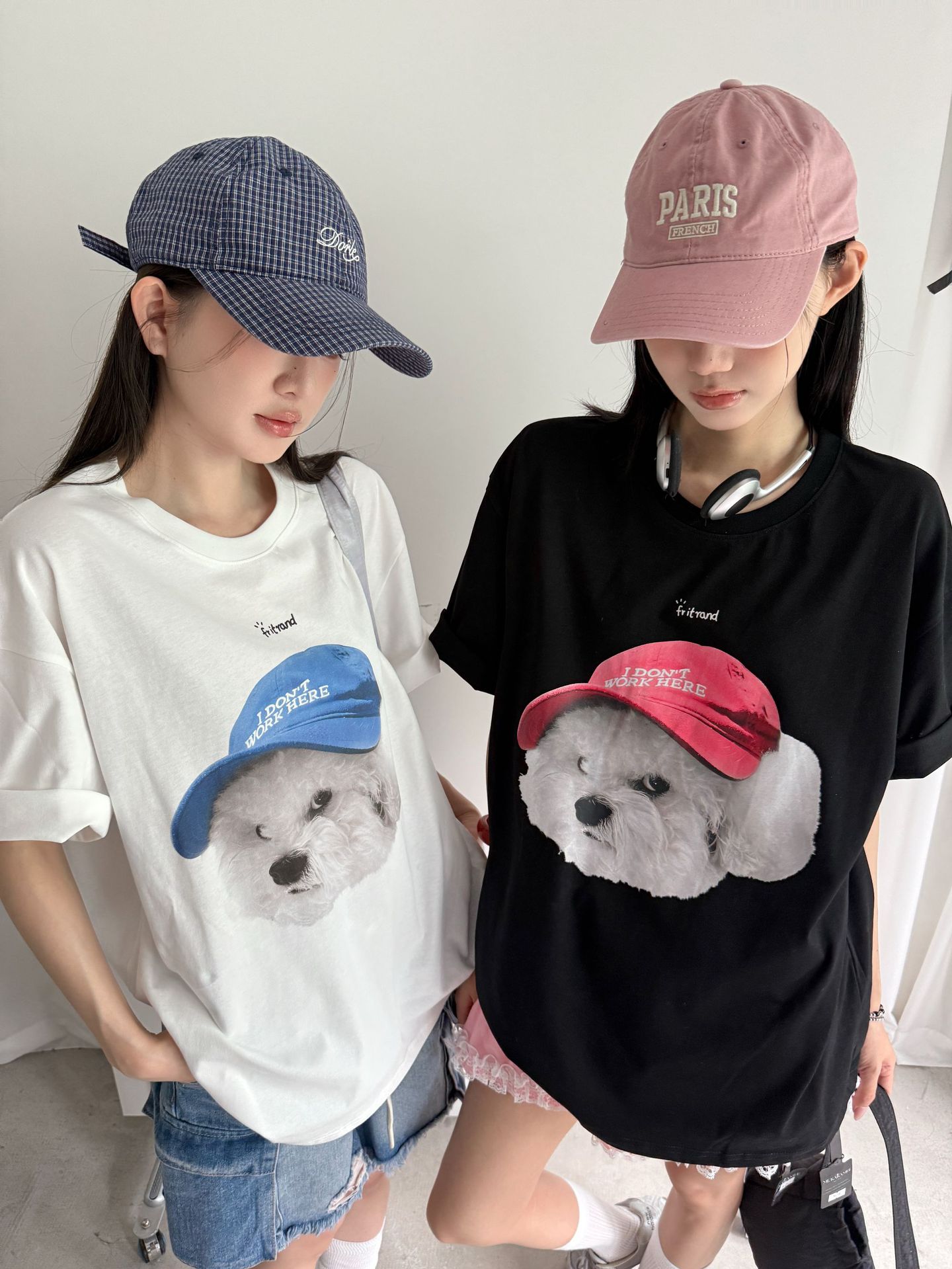 韓国ファッション キャップ犬プリント半袖Tシャツ