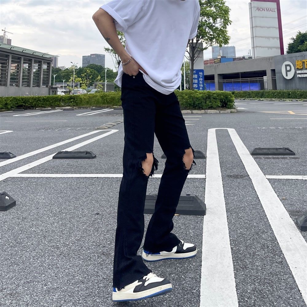 韓国ファッション ダメージニーストレートデニム