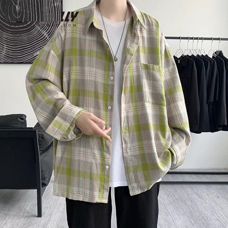 韓国ファッション ゆったりチェック柄長袖シャツ